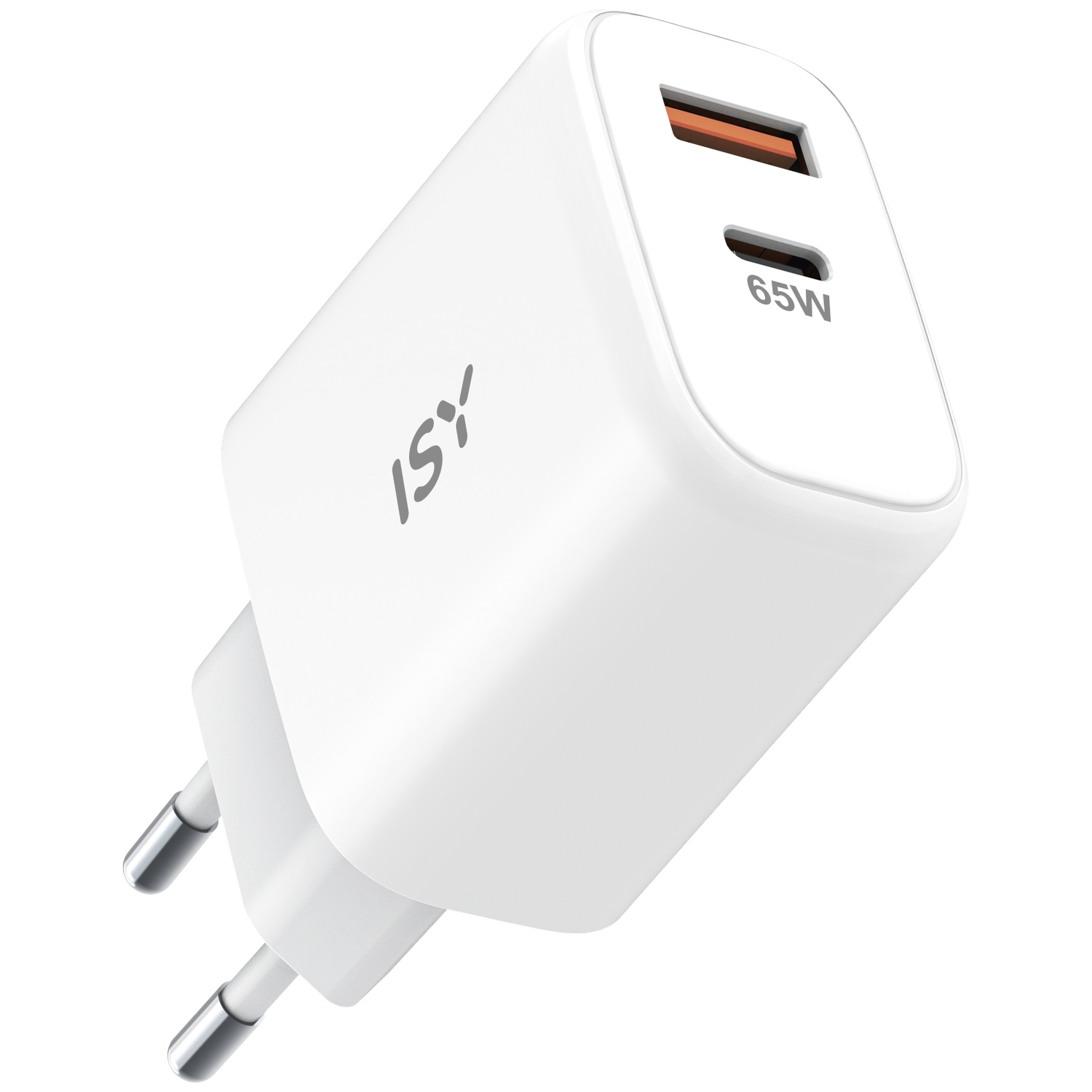 Un chargeur USB-C blanc 65W avec deux ports et deux broches métalliques.