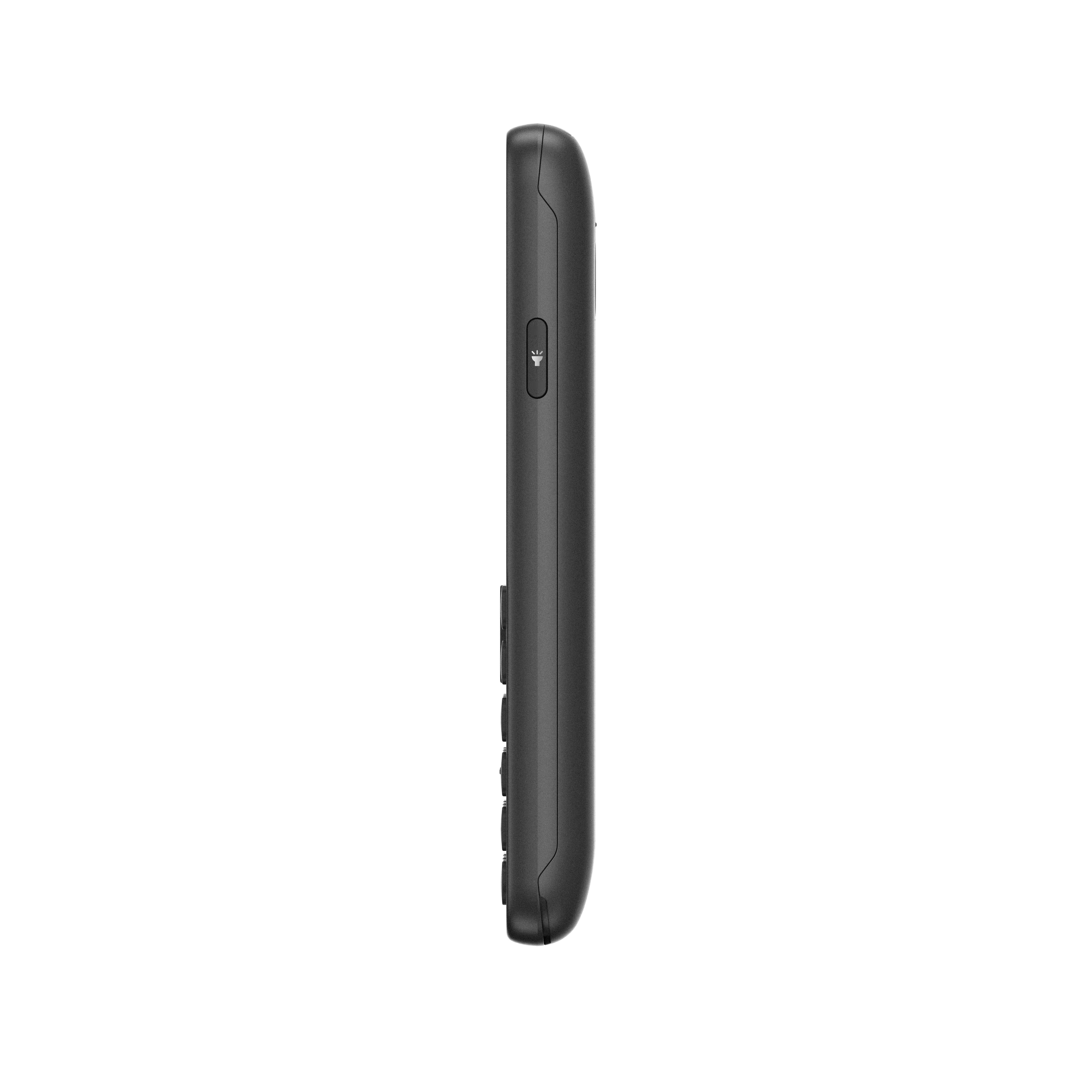 Dunkelgraues Mobiltelefon im Profil, mit Tasten und einer Taschenlampentaste.