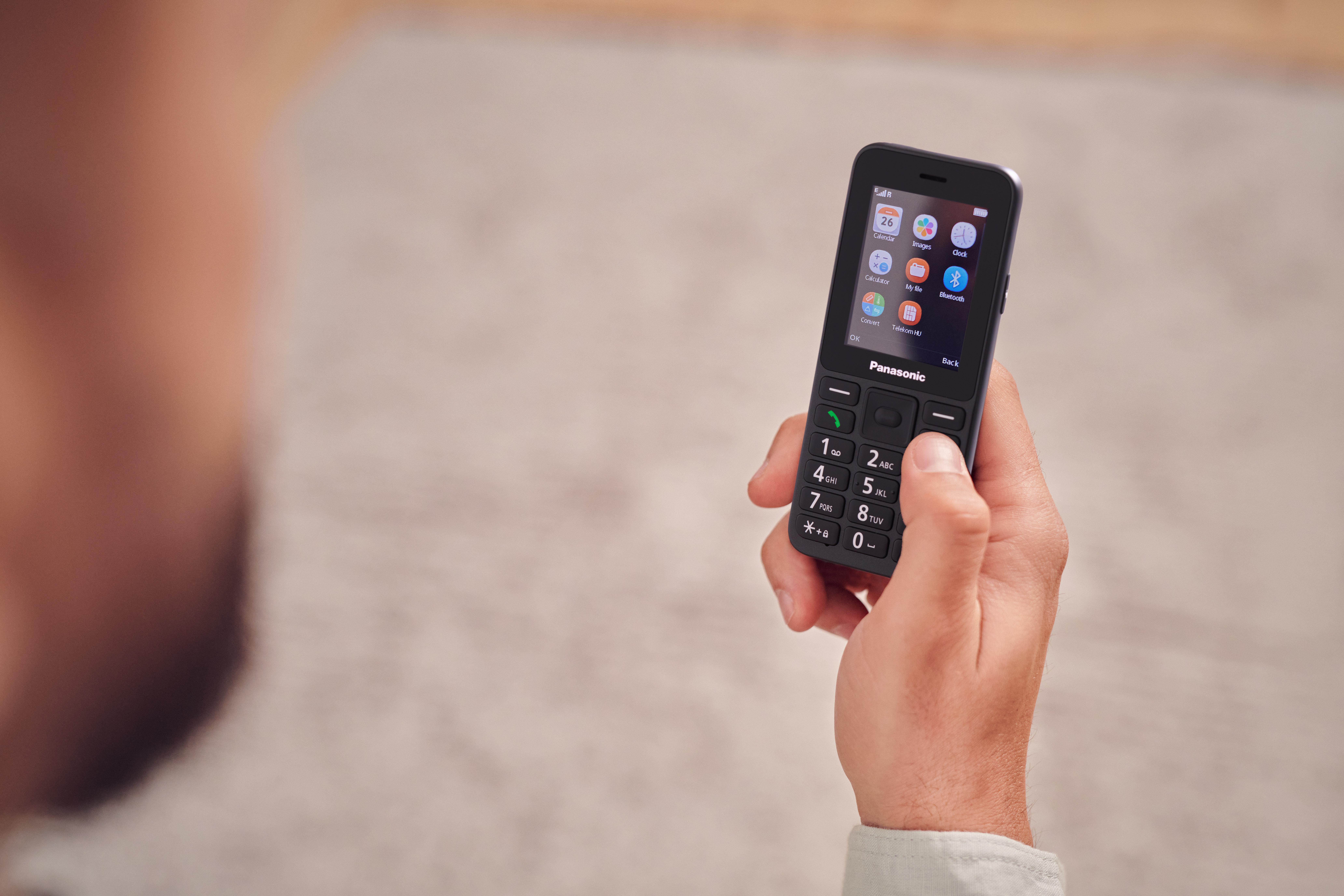 Eine Hand hält ein Panasonic-Handy mit Zifferntasten und einem farbigen Bildschirm.