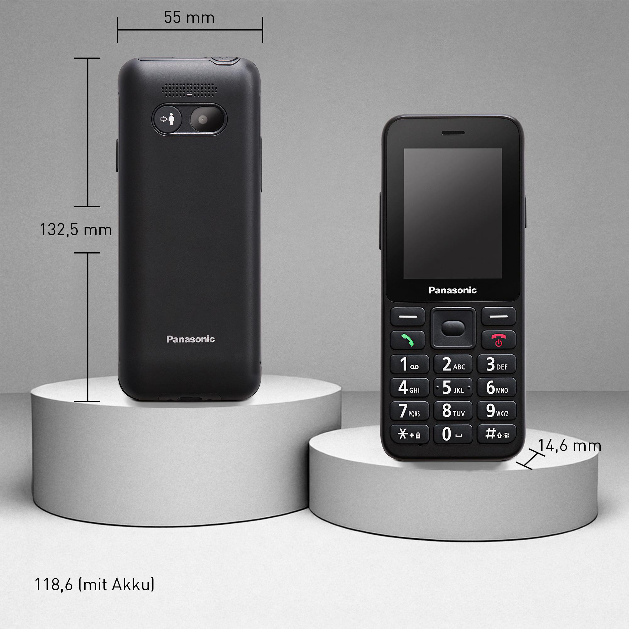 Zwei schwarze Panasonic-Telefone nebeneinander. Abmessungen sind angezeigt.