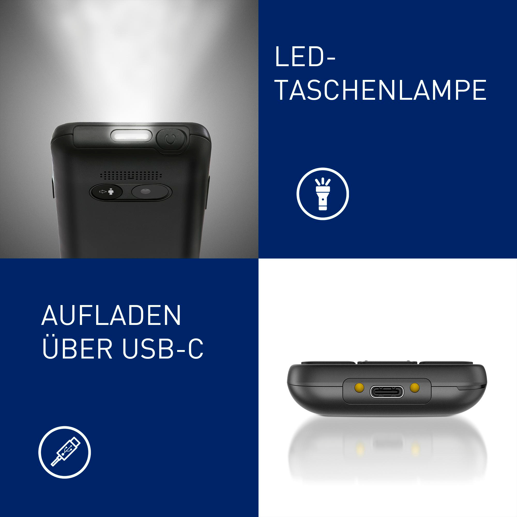 LED-Taschenlampe mit USB-C-Anschluss, oben ein helles Licht.