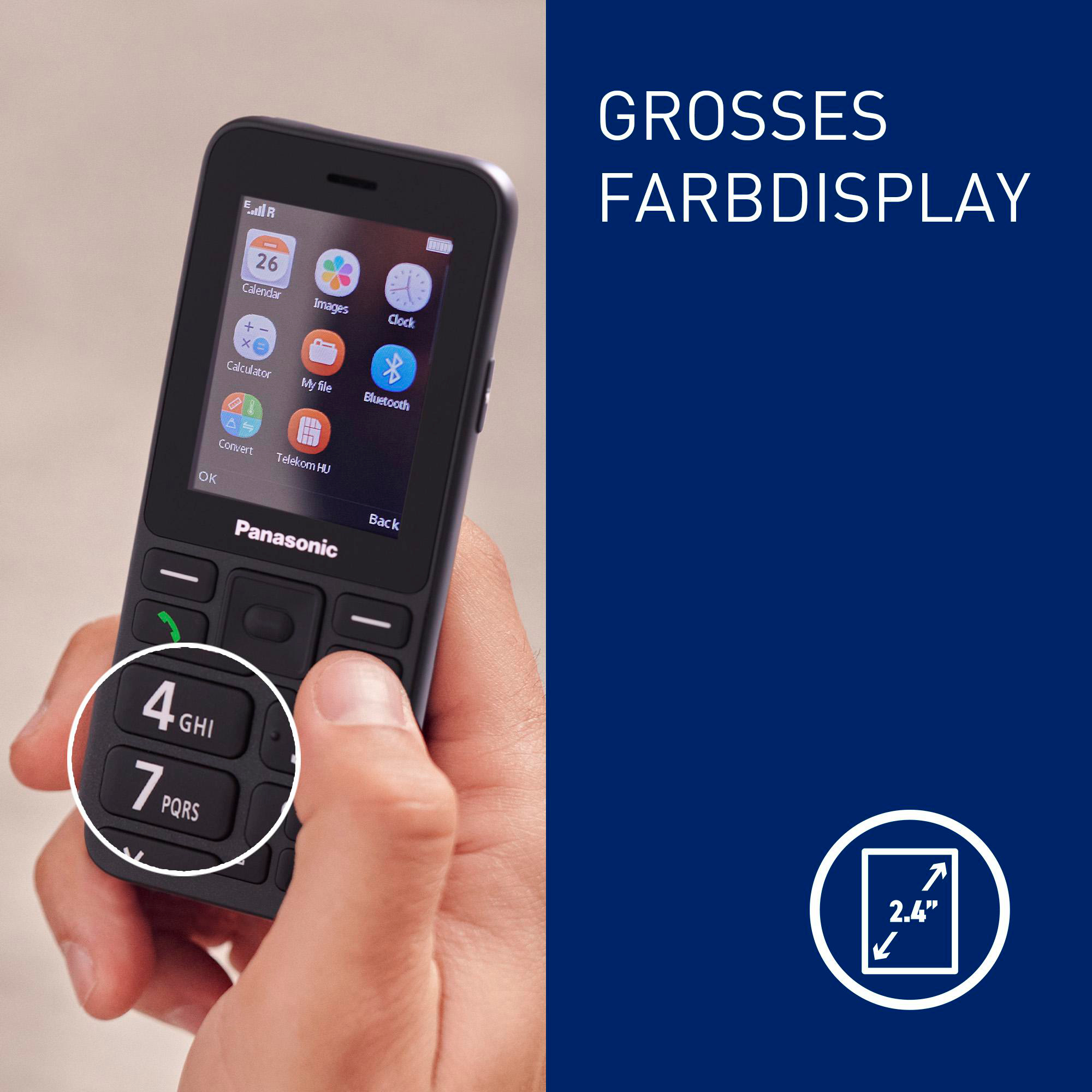 Ein Handy mit Farbbildschirm, Tasten und Symbolen, das in der Hand gehalten wird.