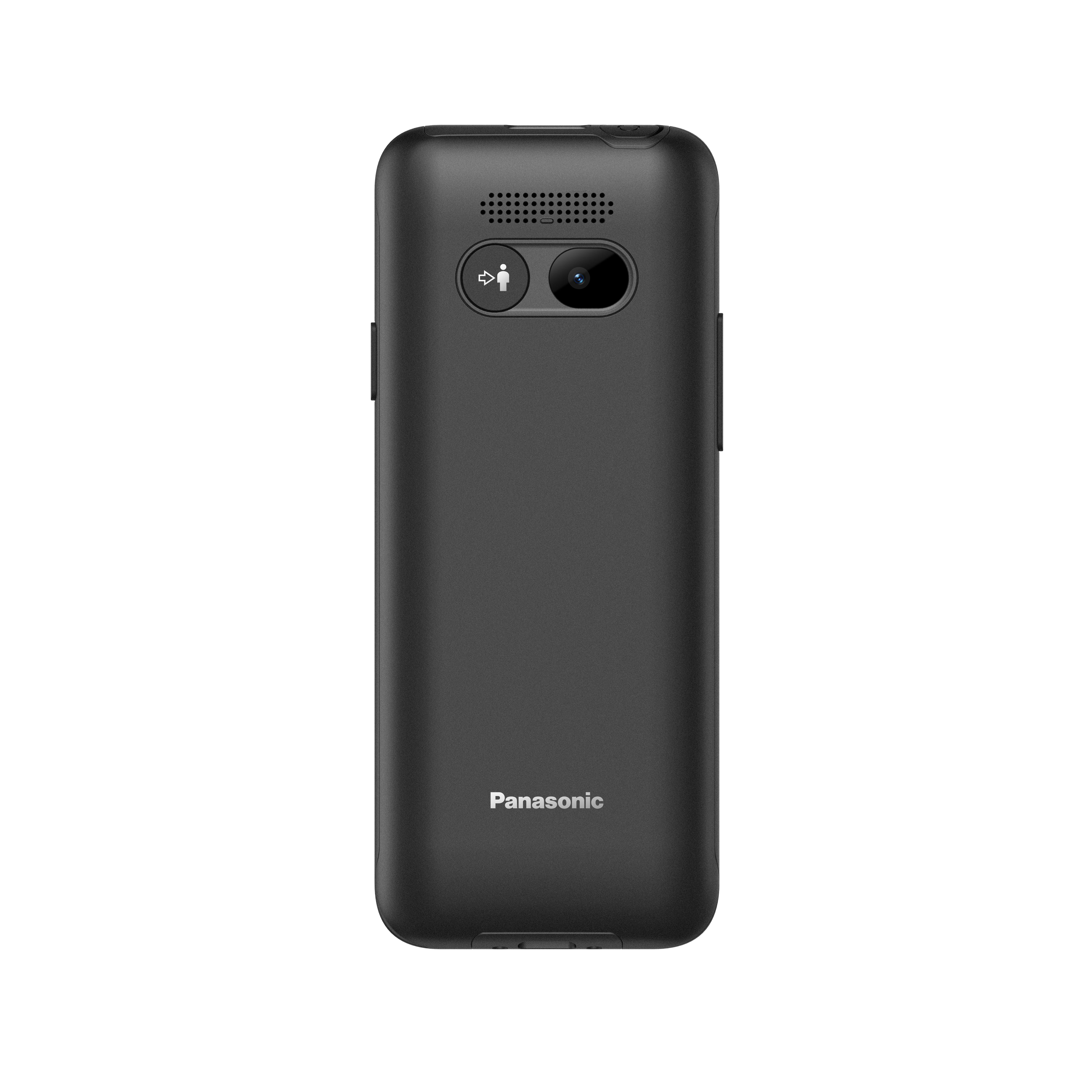 Schwarzes Panasonic-Telefon mit Kamera und Lautsprecher.