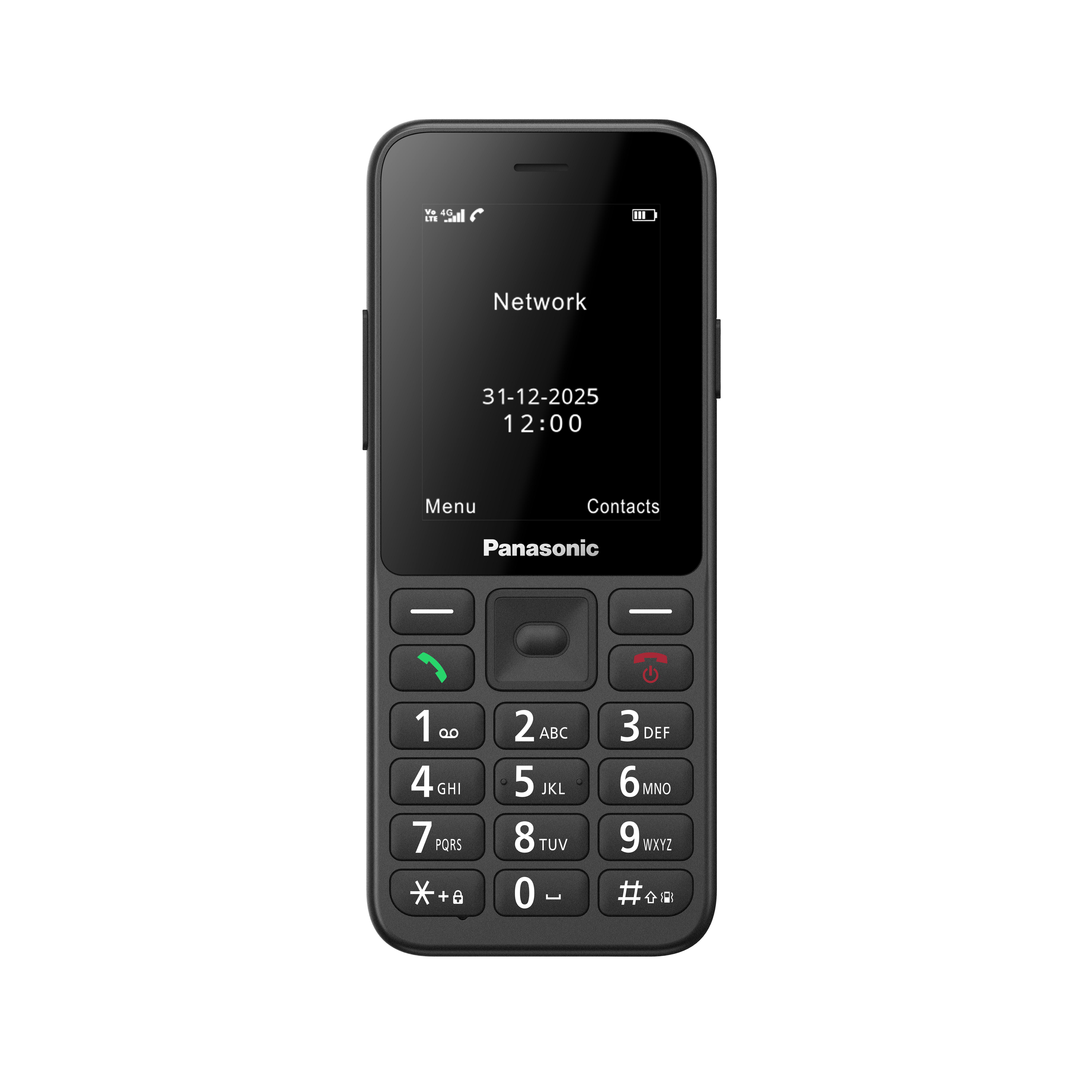 Ein schwarzes Panasonic-Tastenhandy mit Datum, Uhrzeit und Tastatur.