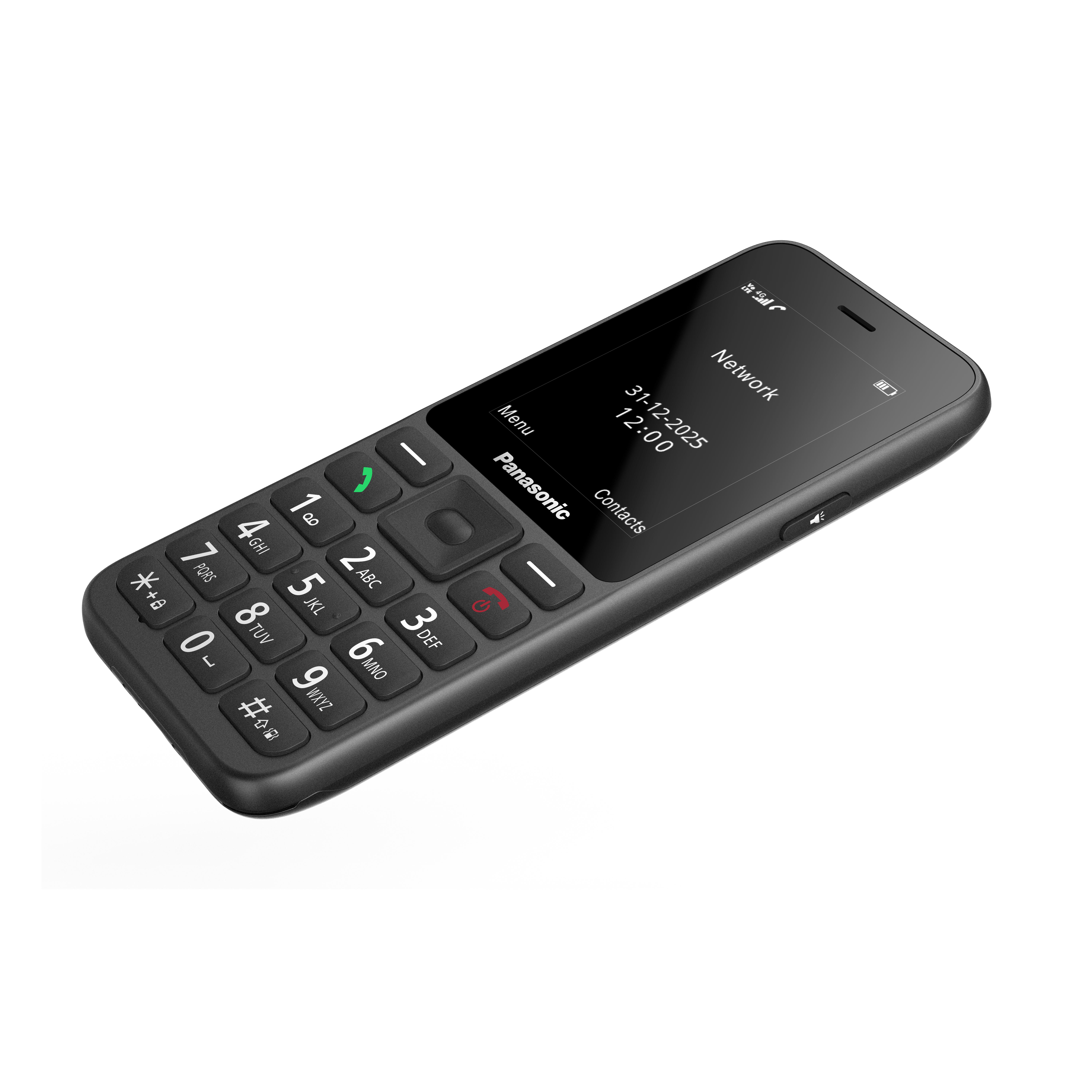 Ein schwarzes Panasonic-Tastenhandy mit großem Display und Ziffernblock.