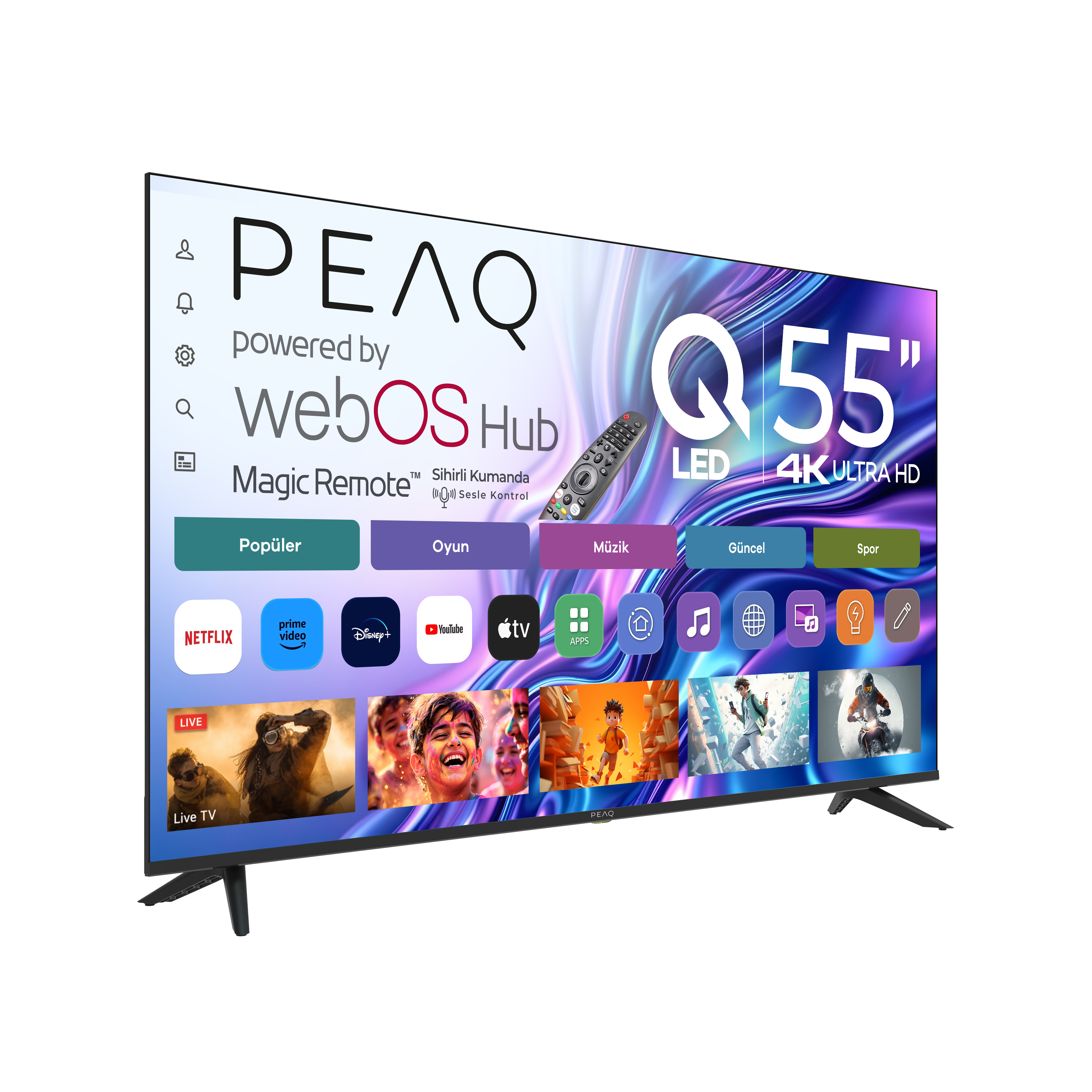 WebOS Hub ve Magic Remote özellikli PEAQ 55 inç 4K TV. Netflix, Prime Video, Disney+ gibi uygulamalar gösteriliyor.