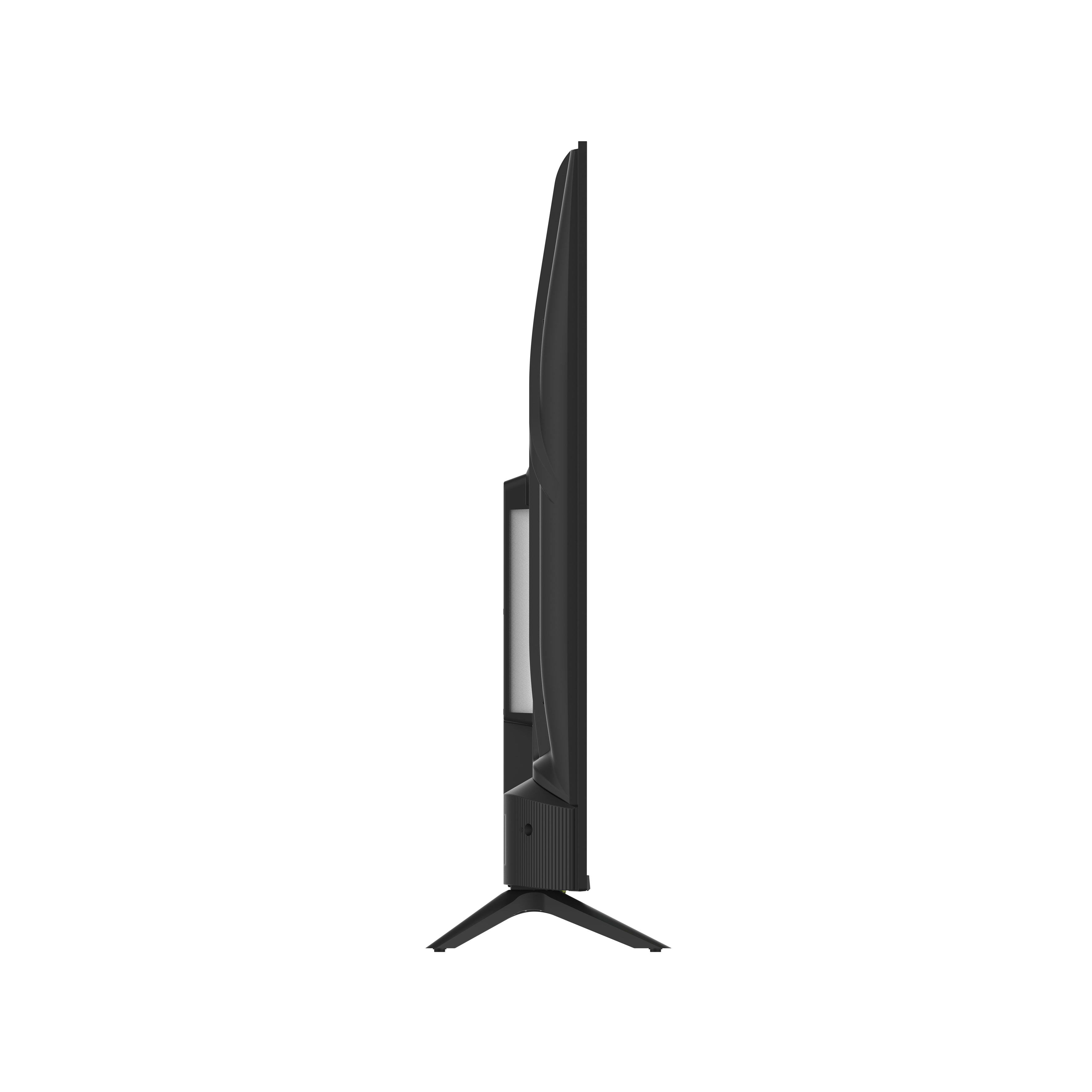 Beyaz arka plan üzerinde, tripod standı ile yan profilde siyah televizyon.