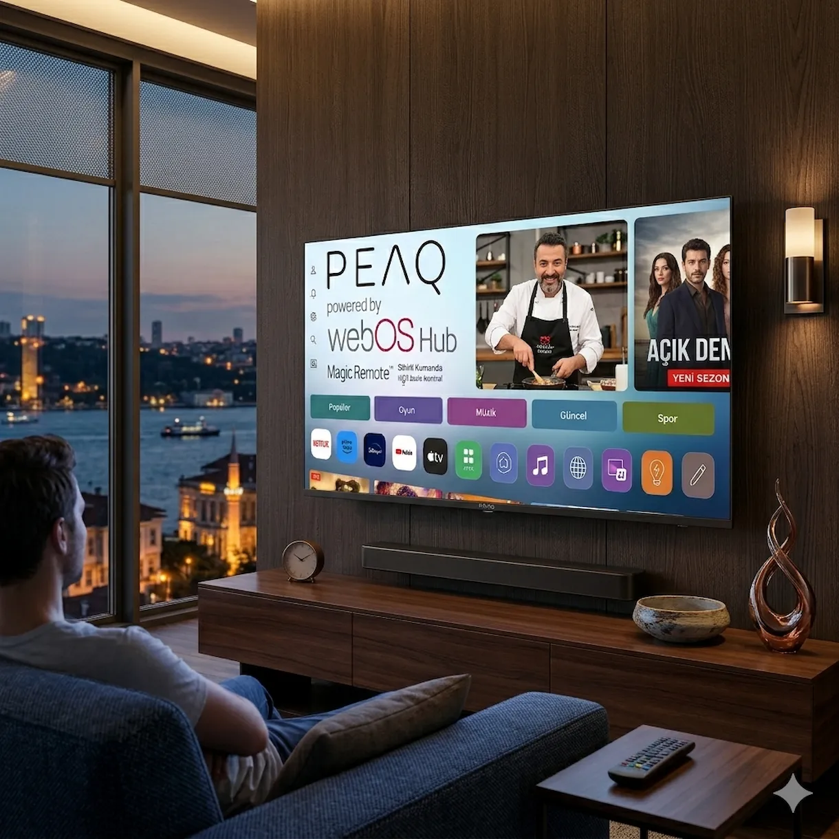 Adam koltukta oturmuş, WebOS Hub'lı TV ve uygulama simgeleri izliyor. Alacakaranlıkta şehir manzarası.
