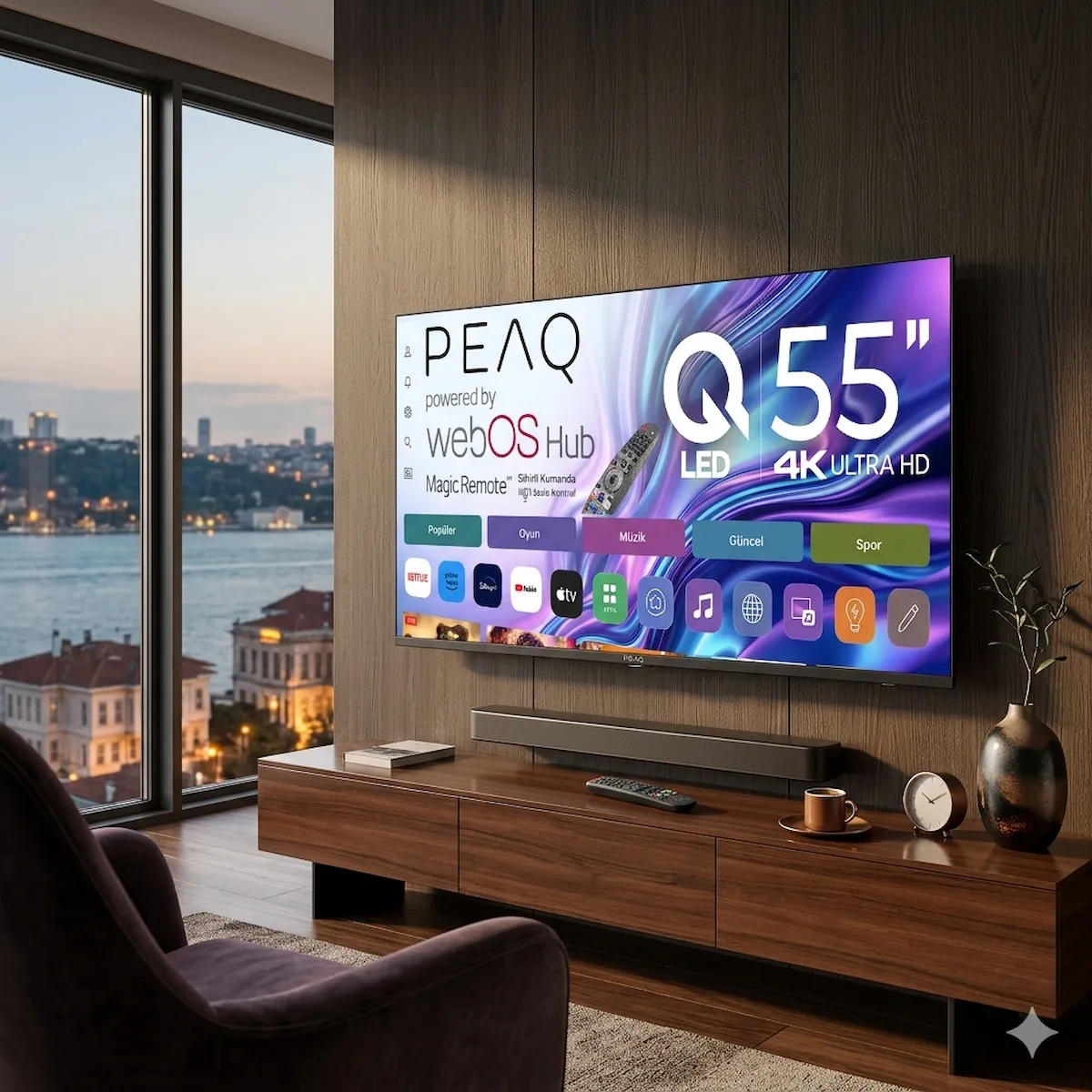 Şehir manzarası gösteren büyük bir televizyonun bulunduğu modern oturma odası.