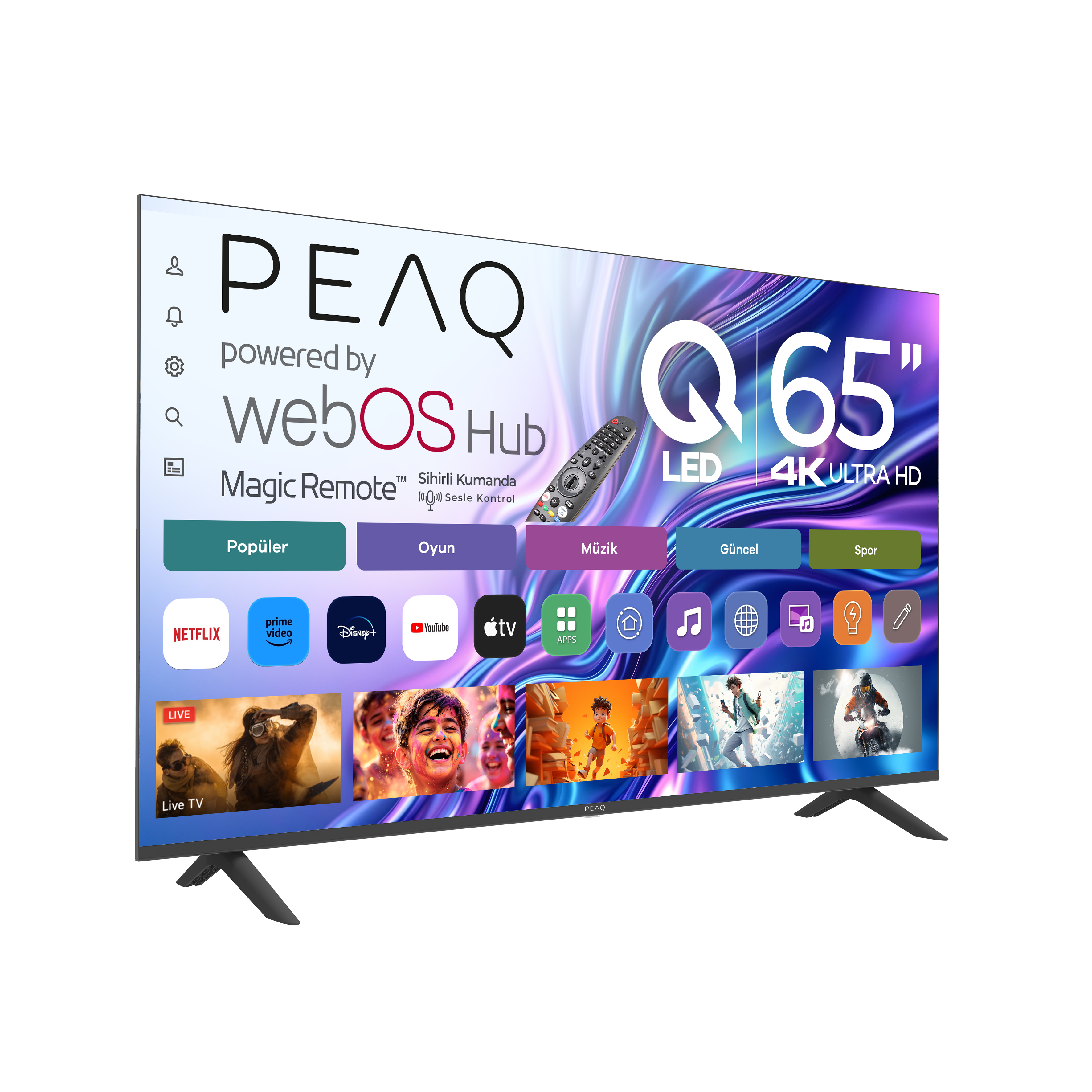 WebOS Hub'lı ve çeşitli uygulamalara sahip PEAQ 65 inç 4K UHD Smart TV.