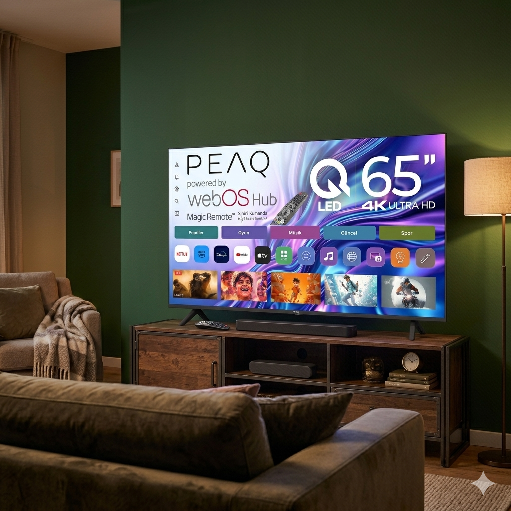 Akıllı TV arayüzünü gösteren büyük bir 4K TV'nin yer aldığı modern oturma odası.