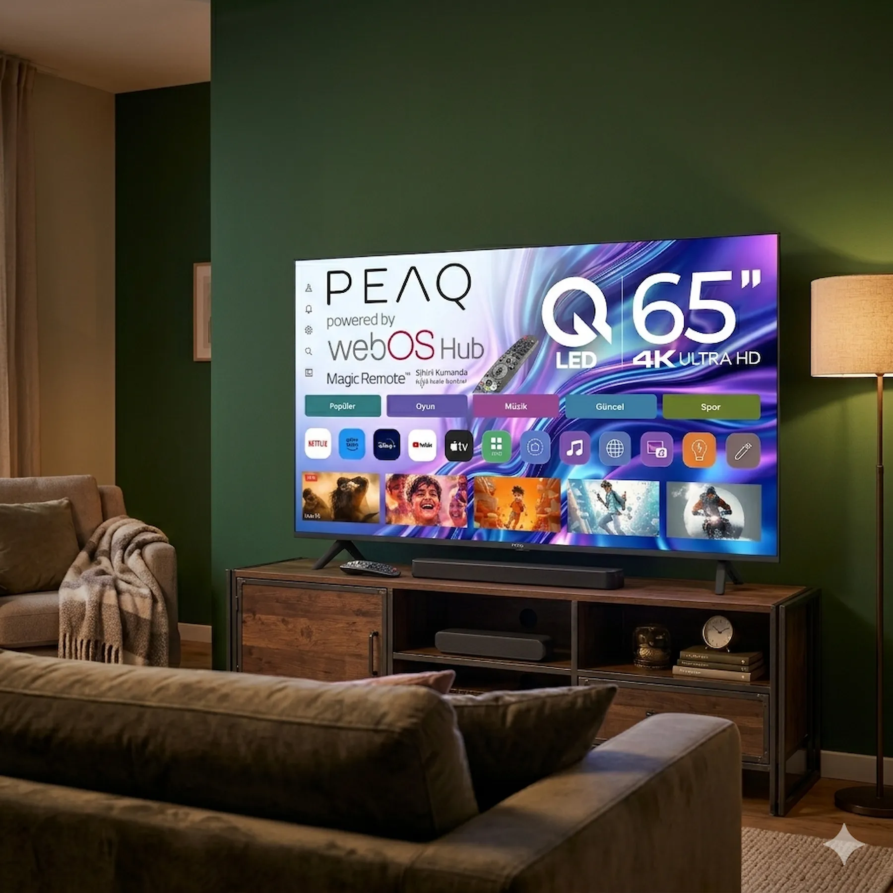 Uygulamaları gösteren büyük bir PEAQ QLED 4K TV ve sesli çubuklu oturma odası.