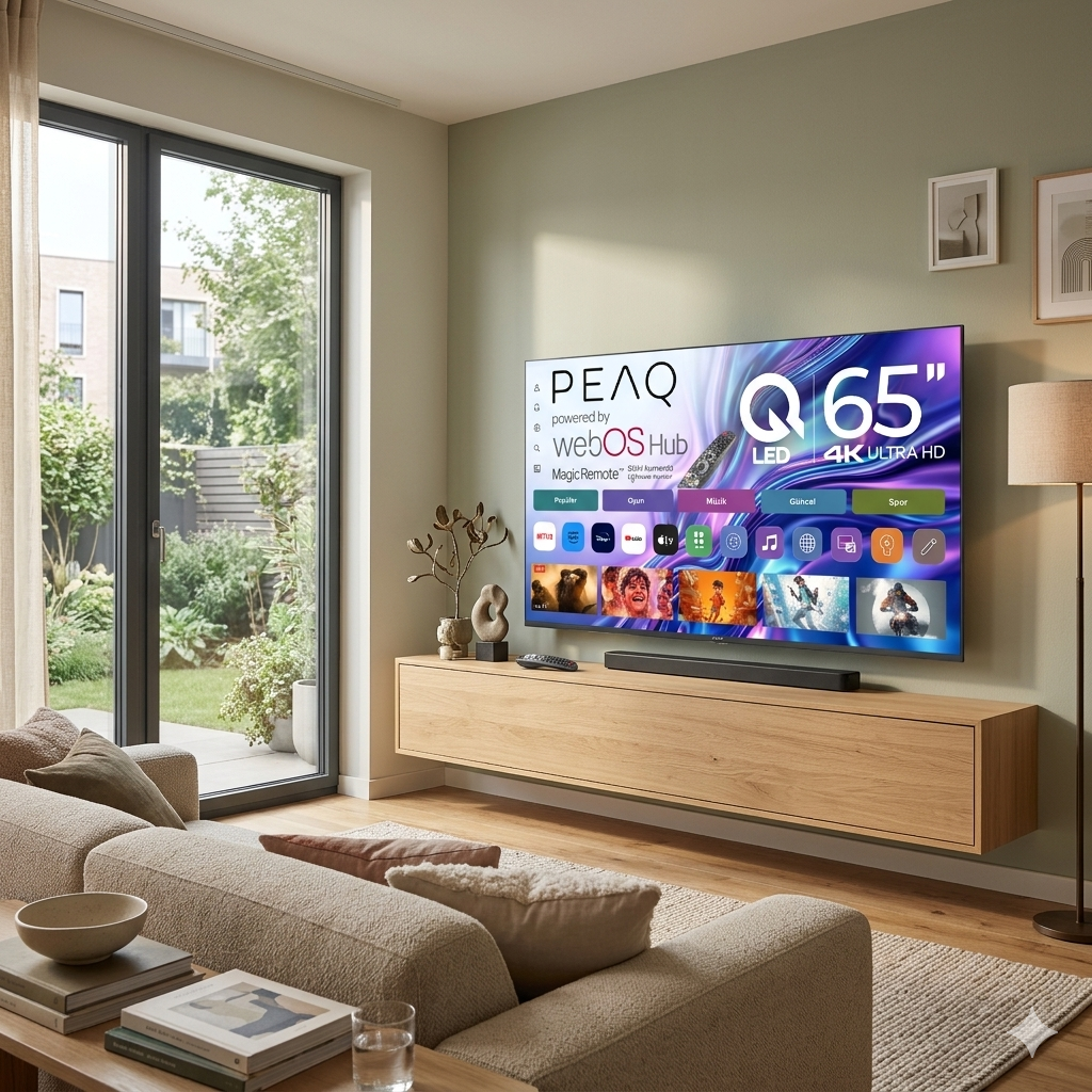 Kullanıcı arayüzü gösteren büyük bir TV'li modern oturma odası.