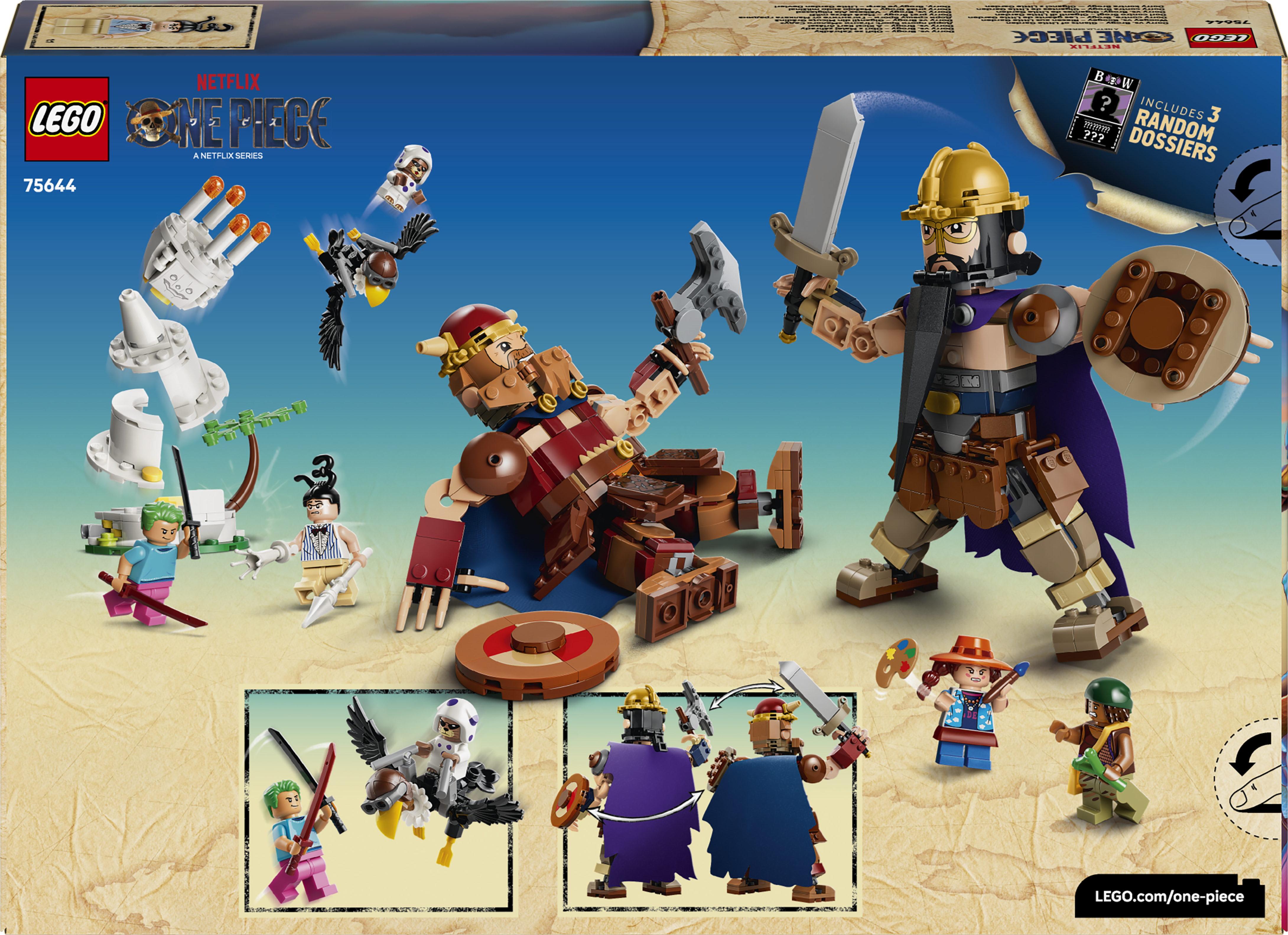 LEGO One Piece Set mit Figuren im Kampf und auf Tieren, mit Waffen und Zubehör.