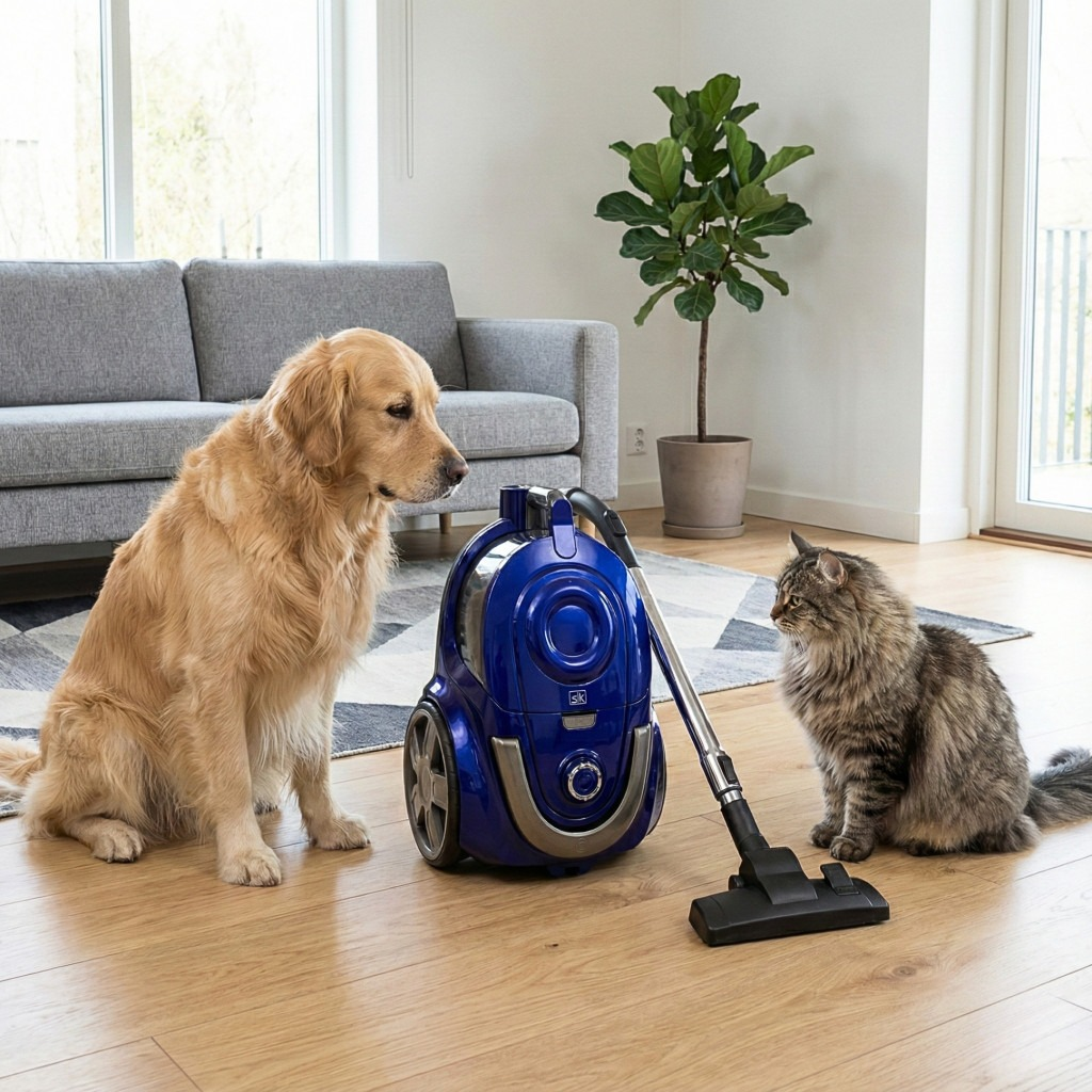 Golden retriever és macska néznek egy kék porszívót a nappaliban.