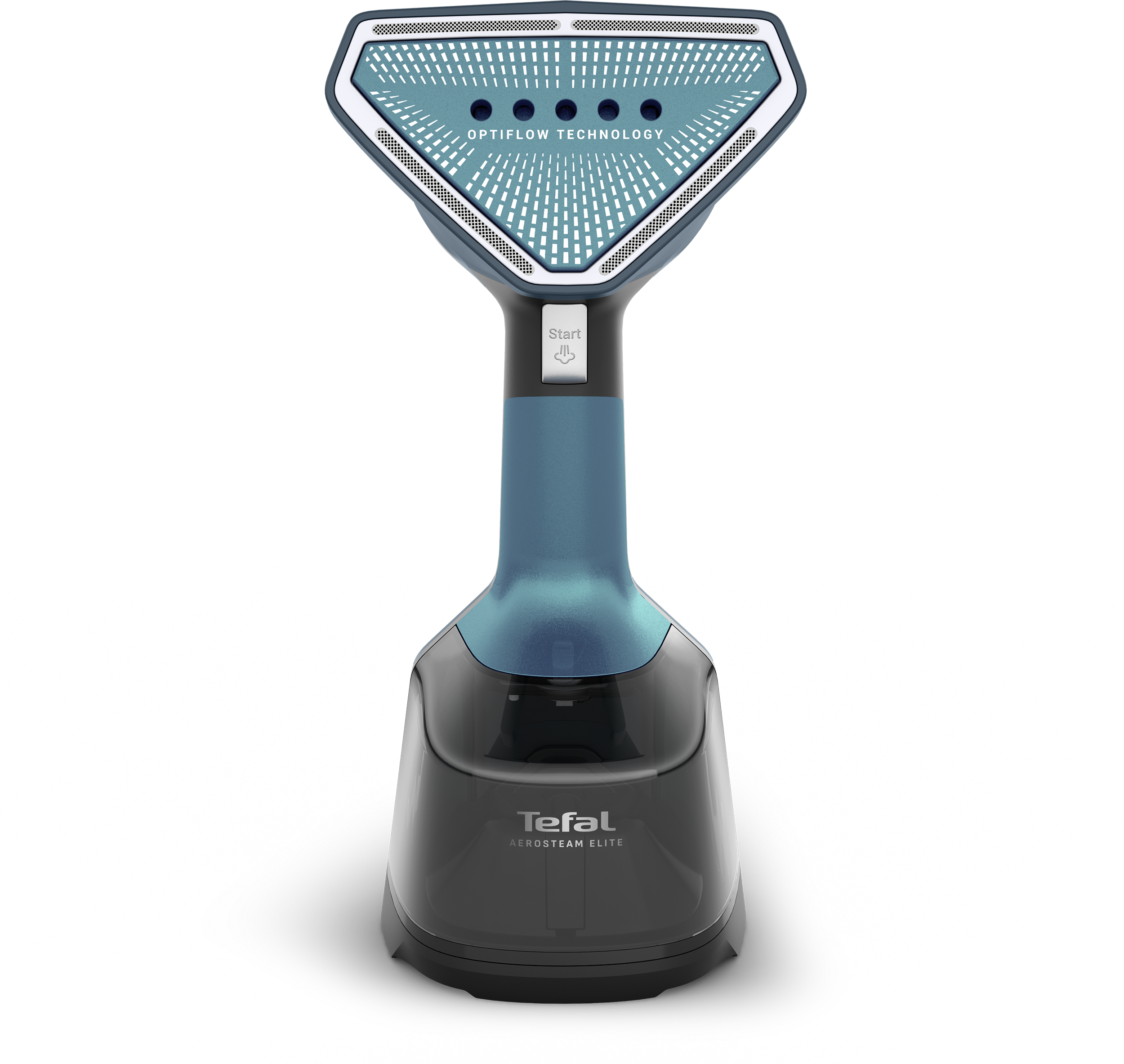 Egy kék Tefal Aerosteam Elite kézi gőzölő átlátszó víztartállyal.