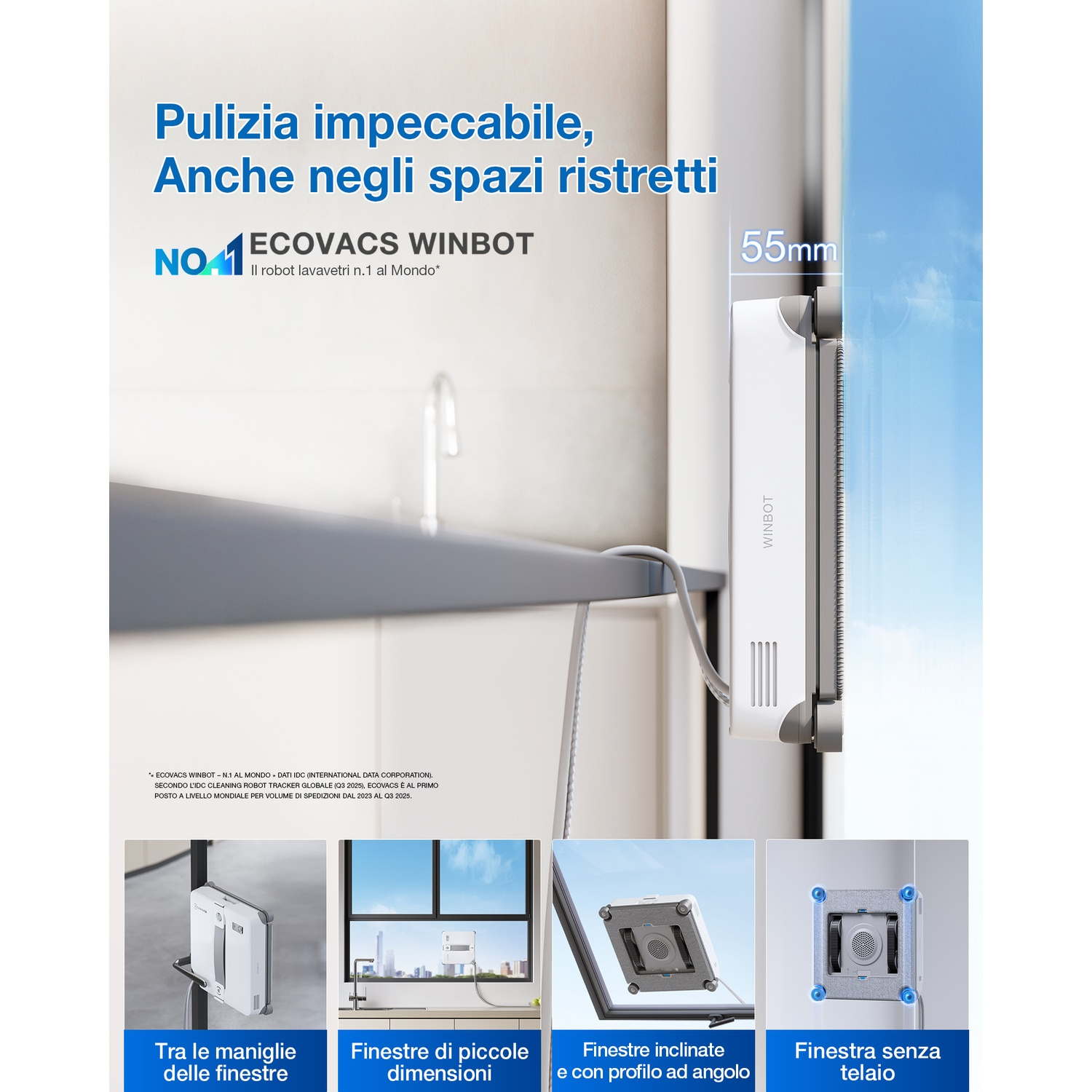 Un robot lavavetri bianco si attacca a un pannello di vetro, con testo.