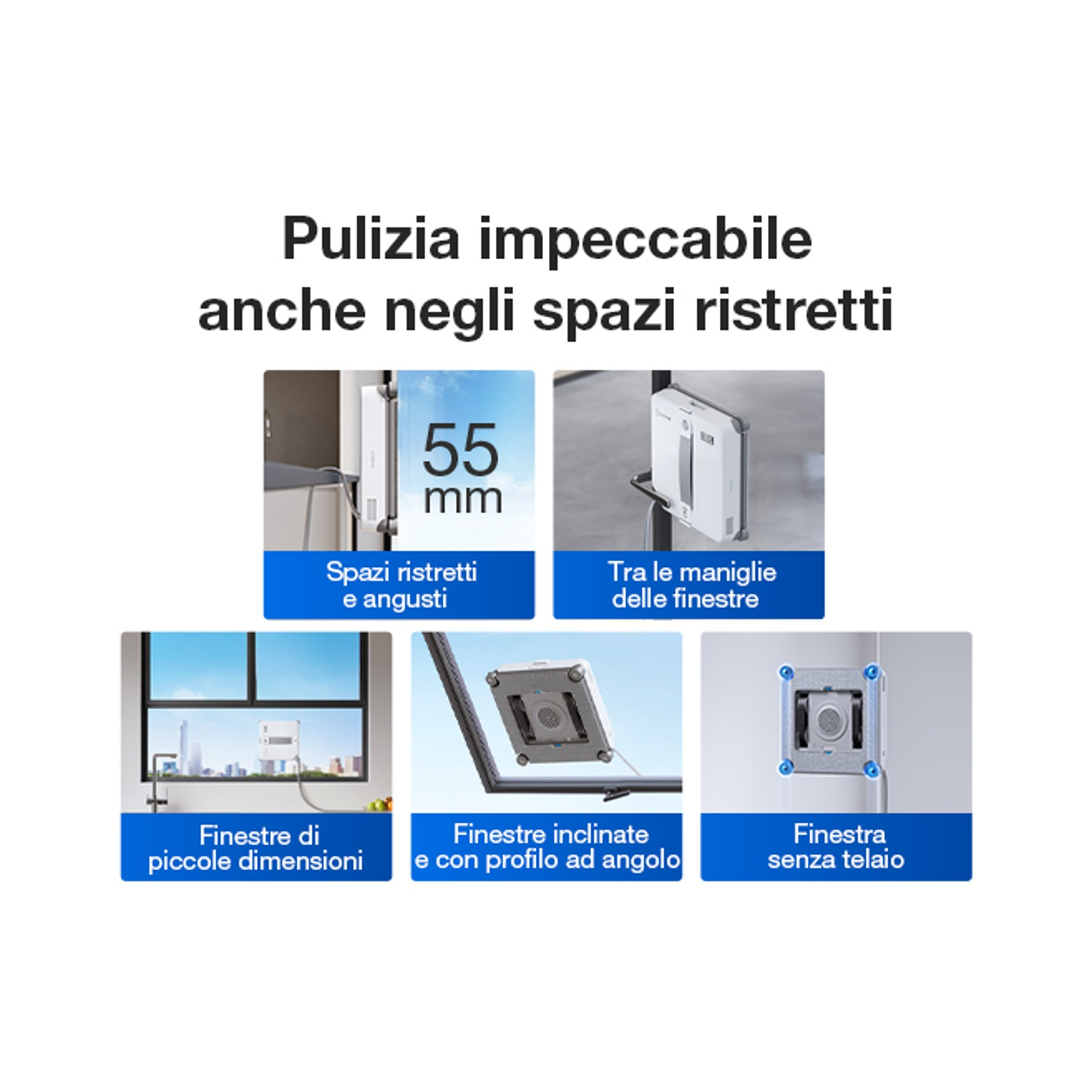 Pubblicità robot lava vetri per spazi stretti, spessore 55 mm.