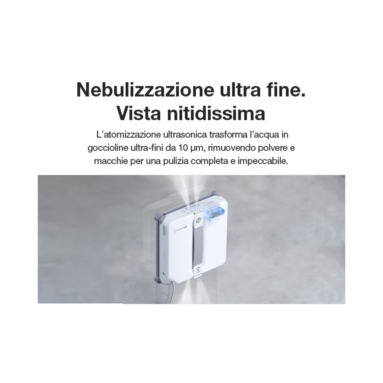 Un robot lavavetri bianco spruzza finissime gocce d'acqua su una superficie di vetro.