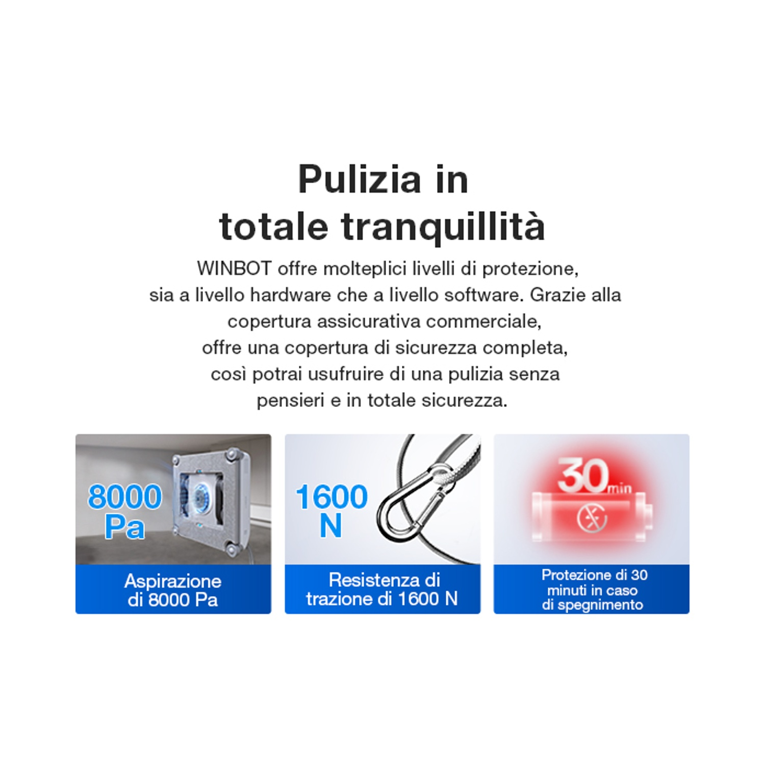 Pulizia in totale tranquillità. 8000 Pa aspirazione, 1600 N trazione, 30 min protezione.