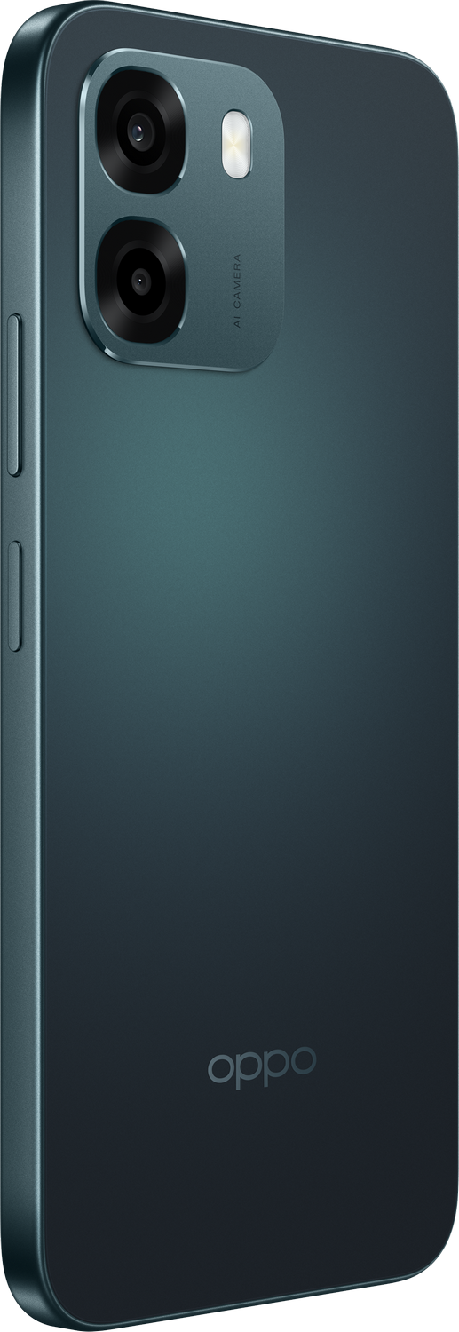 Smartphone verde oscuro con cámara dual y logo OPPO en la parte trasera.
