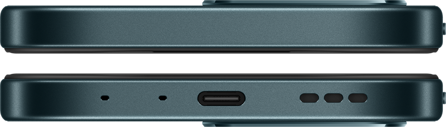 Primer plano de los bordes de un smartphone azul verdoso con puertos.