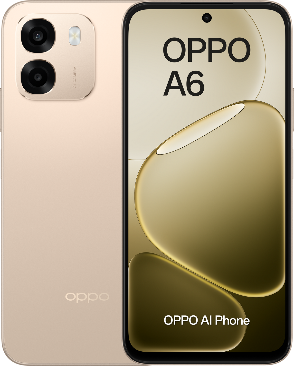 Un smartphone OPPO A6 dorado claro con doble cámara trasera.
