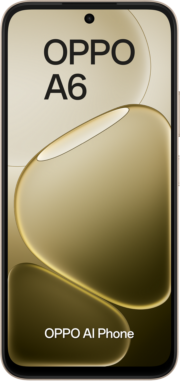 Un teléfono OPPO A6 con formas doradas y fluidas en la pantalla.