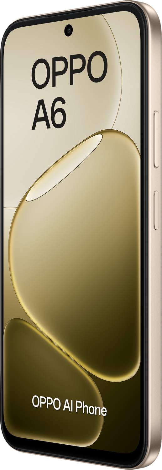 Un smartphone OPPO A6 dorado con texto "OPPO AI Phone".