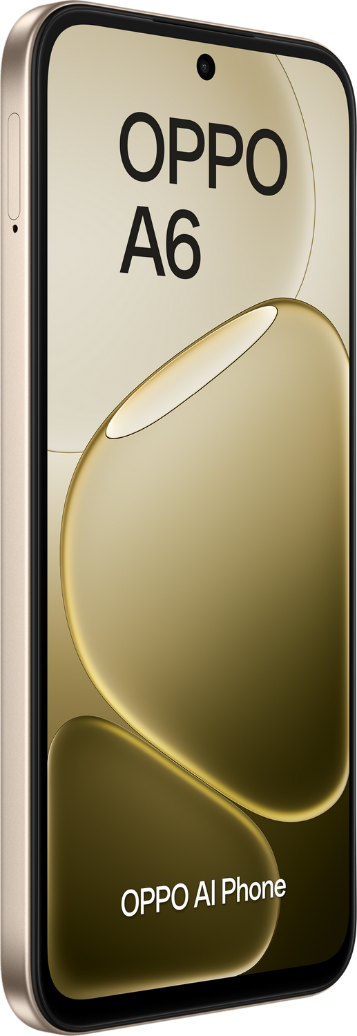 Una pantalla dorada del OPPO A6 AI Phone con diseño ondulado.