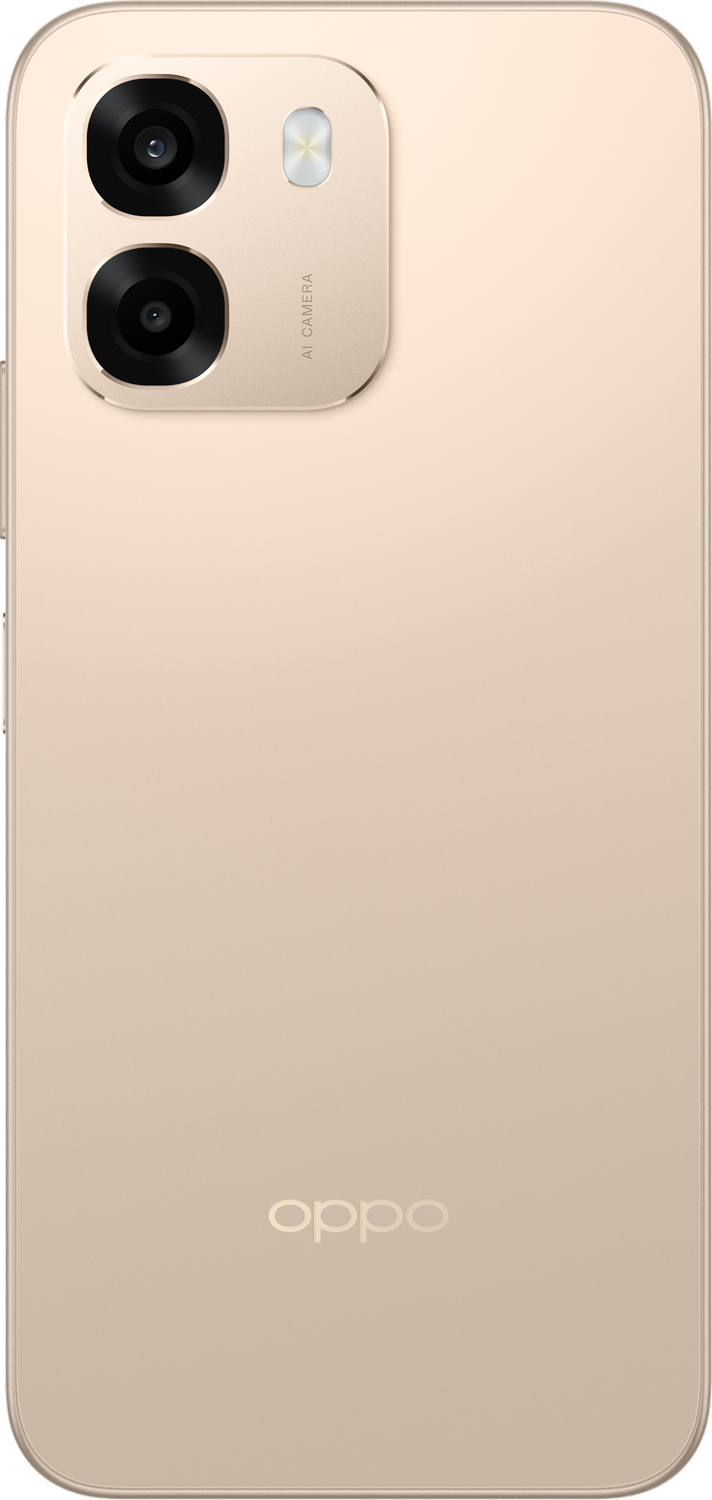 Parte trasera de un smartphone dorado con dos cámaras y el logo de Oppo.