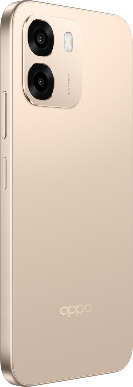 Una parte trasera dorada de OPPO con dos lentes de cámara y un flash.