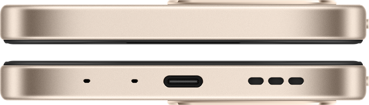 Primer plano de la parte inferior de un smartphone dorado con puertos.