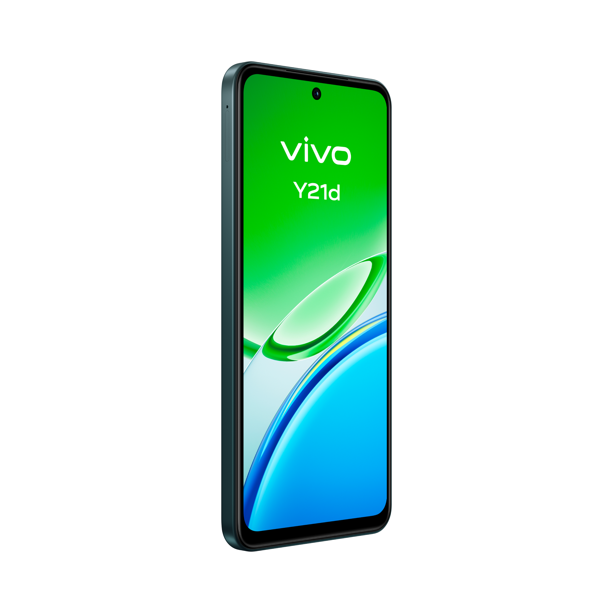 Un smartphone Vivo Y21d con pantalla verde y gráficos de olas azules.