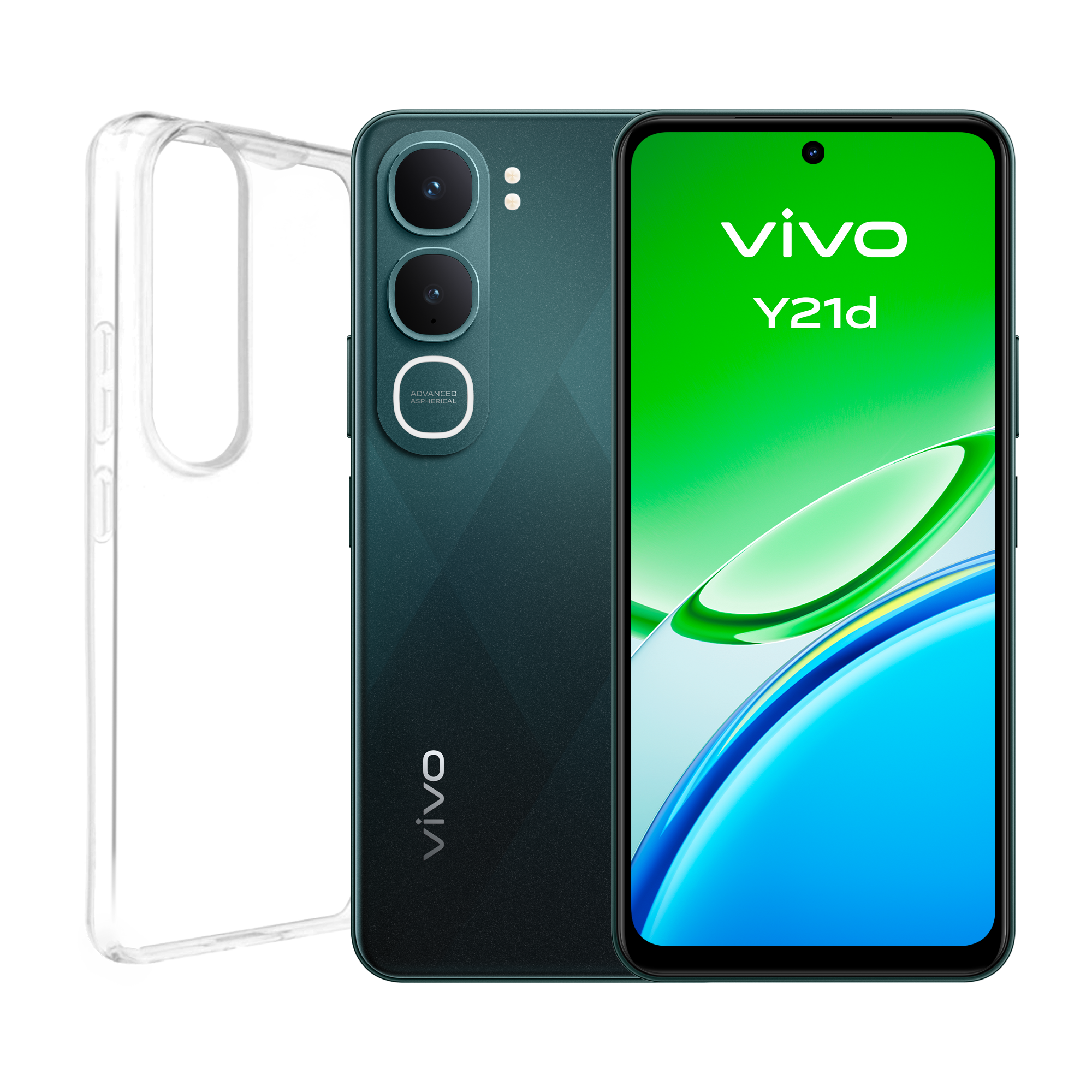 Un smartphone verde con una funda transparente al lado sobre fondo negro.