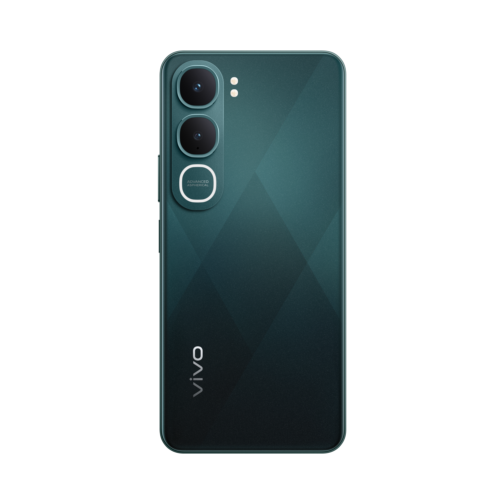 Parte trasera de un smartphone turquesa con tres cámaras y el logo de Vivo.