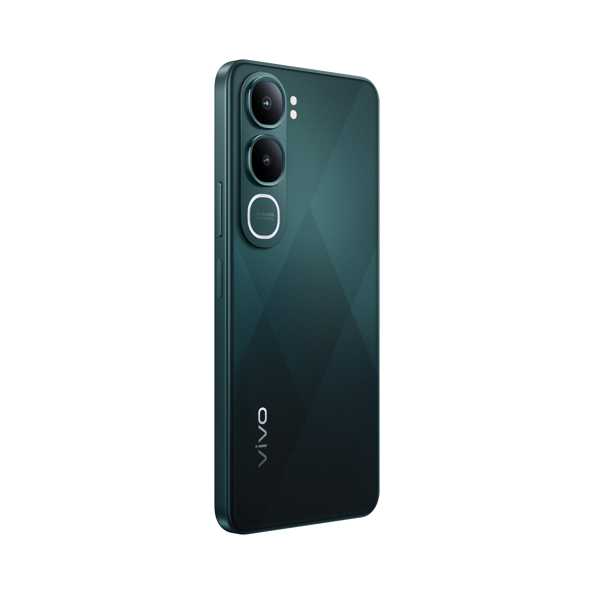 Teléfono inteligente verde oscuro con cámara triple y logo "vivo" sobre fondo negro.