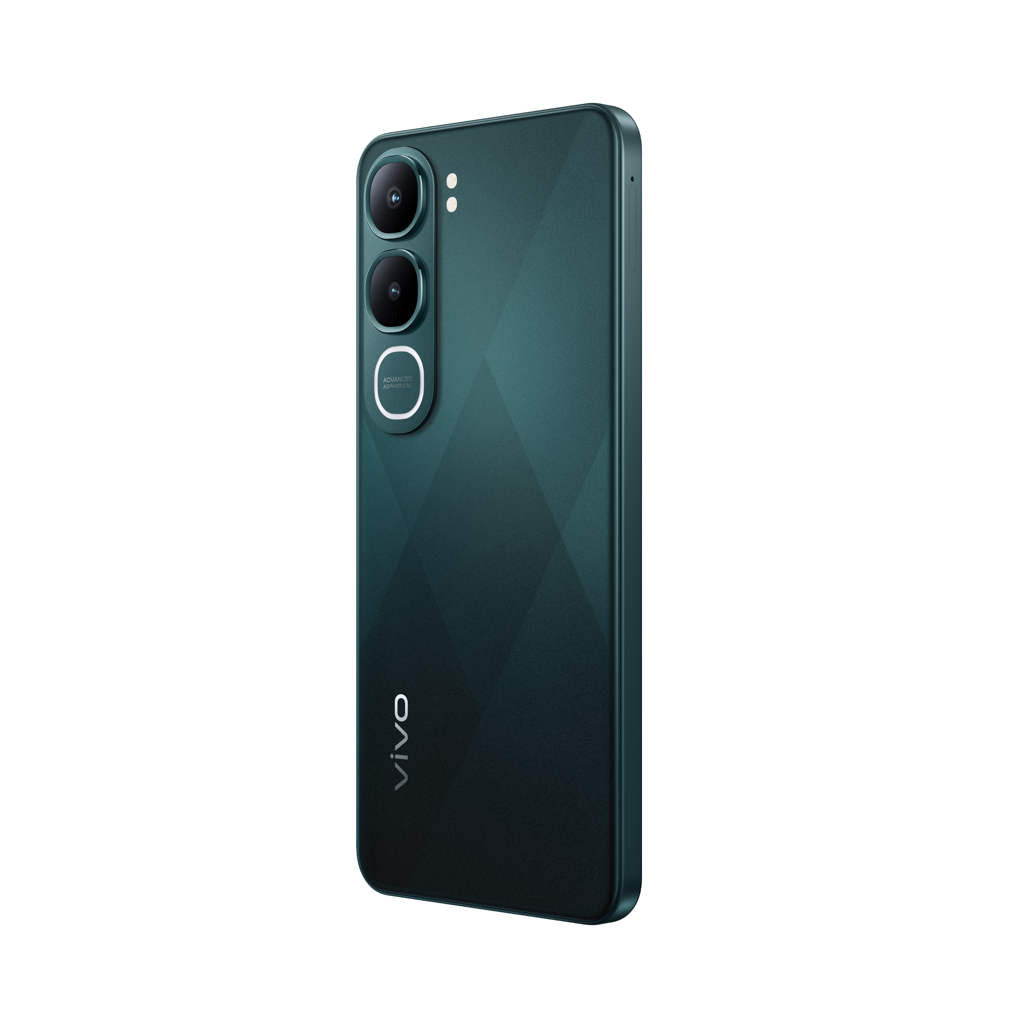 Parte trasera de un smartphone verde oscuro con tres cámaras y el logo de Vivo.