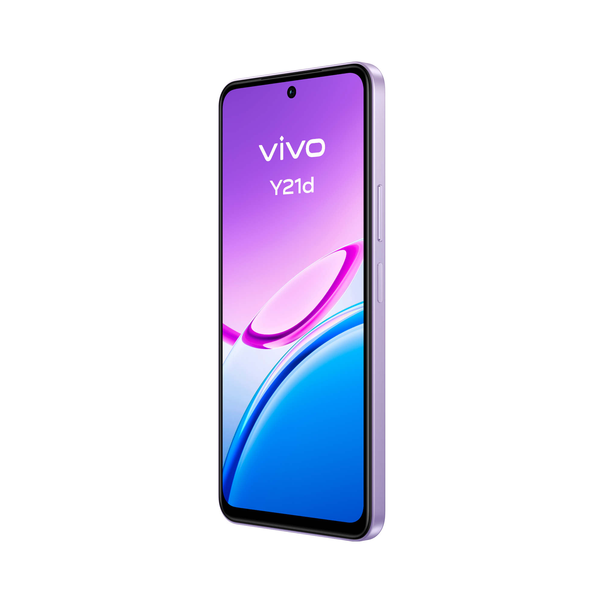 Un smartphone Vivo Y21d morado con un fondo degradado.
