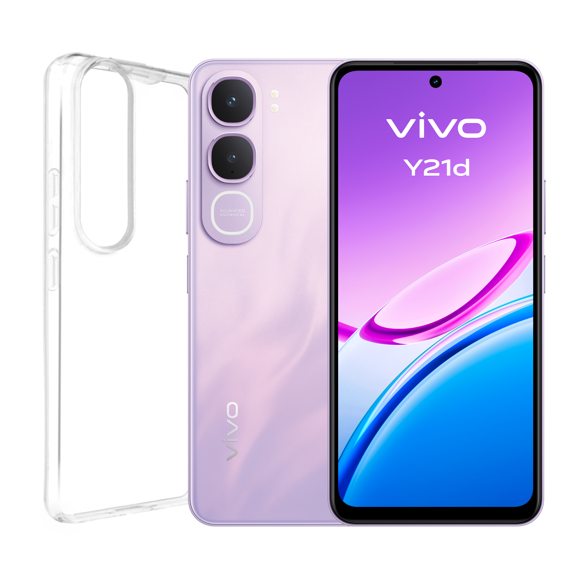 Un smartphone Vivo Y21d morado con una funda protectora transparente al lado.