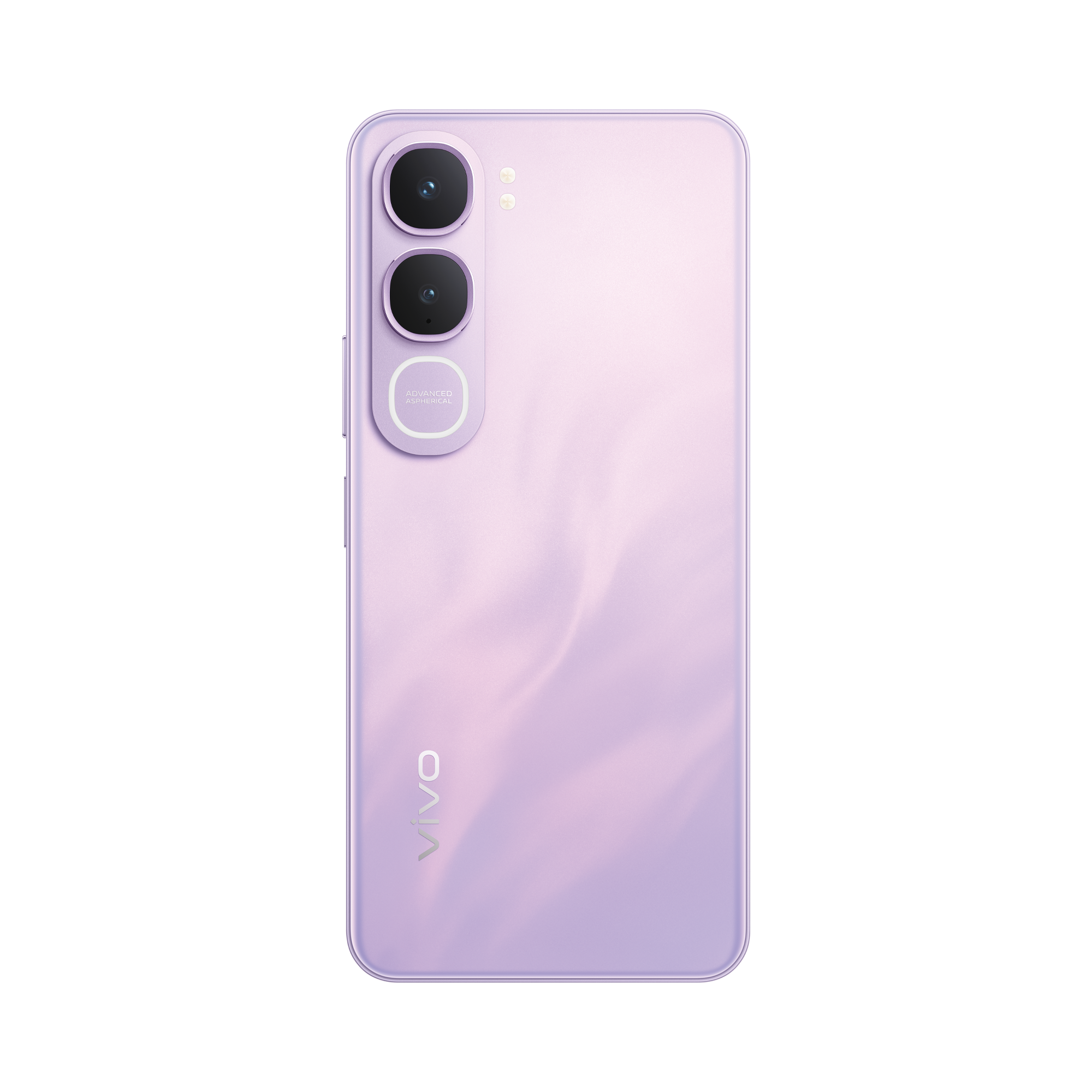 Parte trasera de smartphone morado con tres cámaras y logo Vivo.