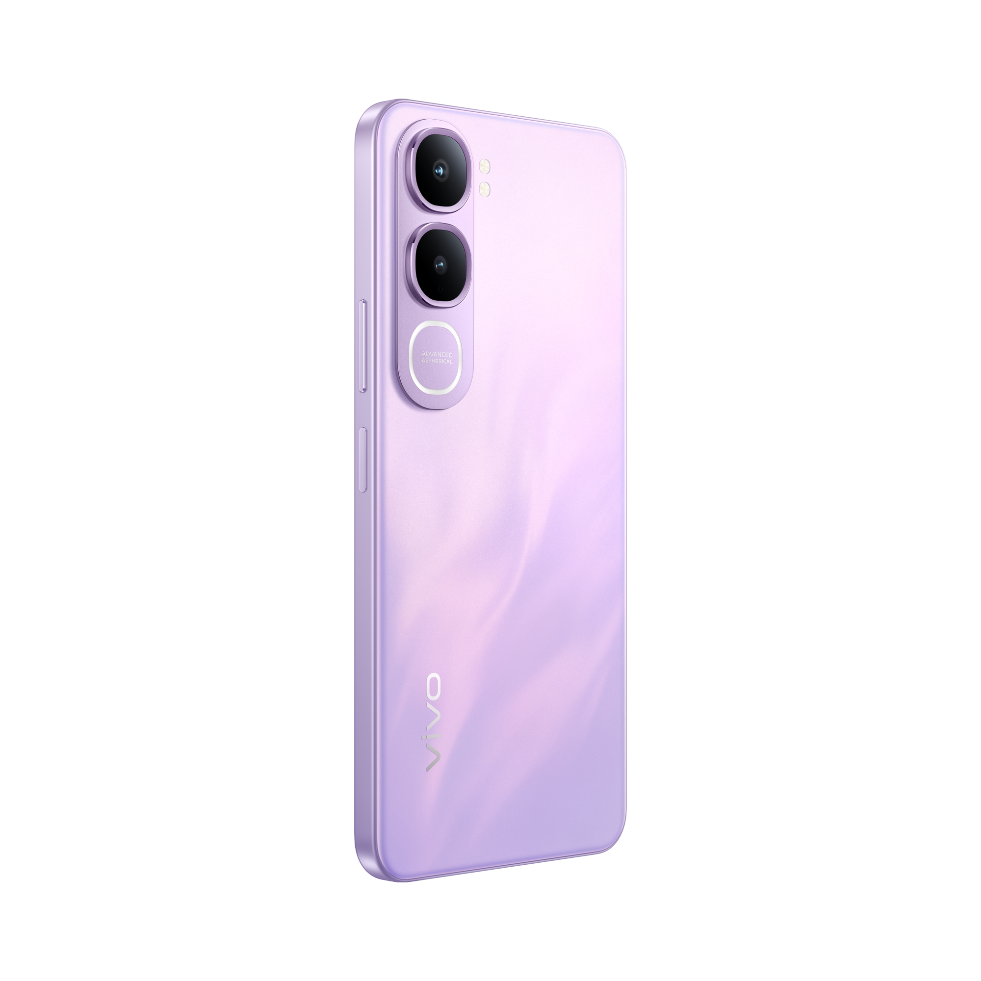 Parte trasera de un smartphone morado con dos cámaras y el logo VIVO.