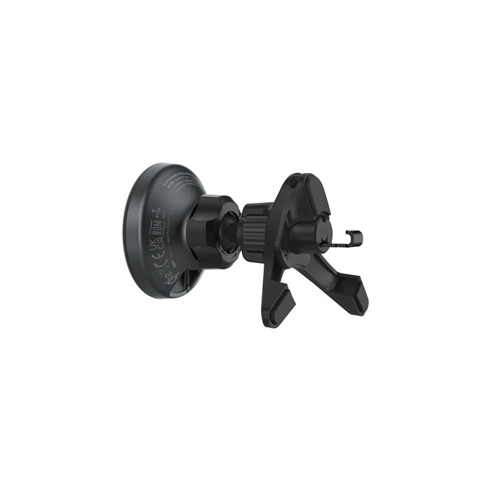 Soporte negro para teléfono con ventosa y pinzas ajustables.