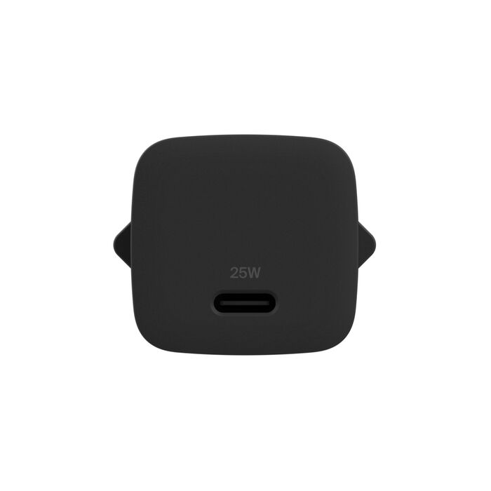 Un adaptador de carga USB-C negro de 25W con un puerto ovalado.