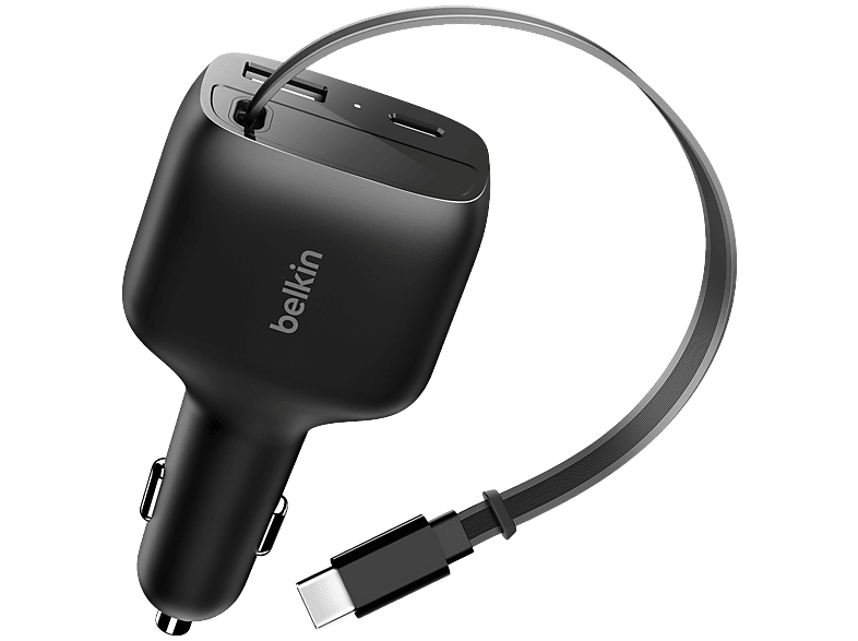 Cargador USB para coche - Belkin con cable retráctil de 75 W, Universal, Negro