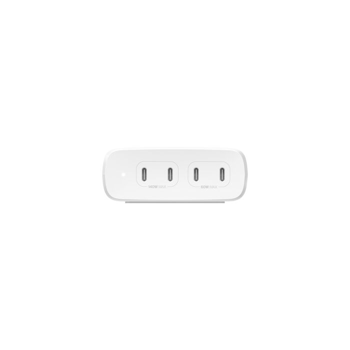 Un cargador USB-C blanco con dos puertos: 140W MAX y 60W MAX.