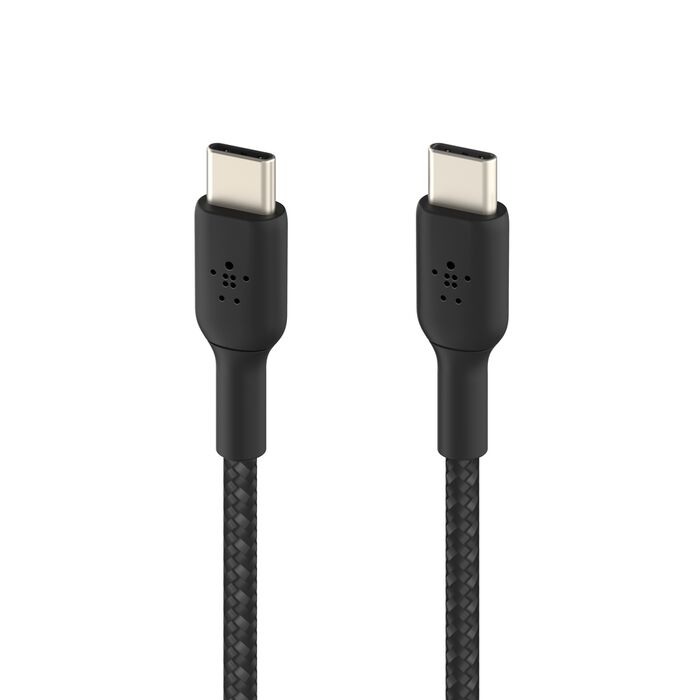 Dos cables USB-C negros trenzados uno al lado del otro sobre fondo blanco.