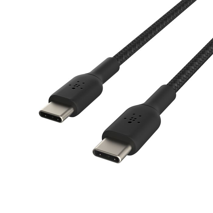 Dos cables USB-C negros con cubierta trenzada sobre fondo blanco.