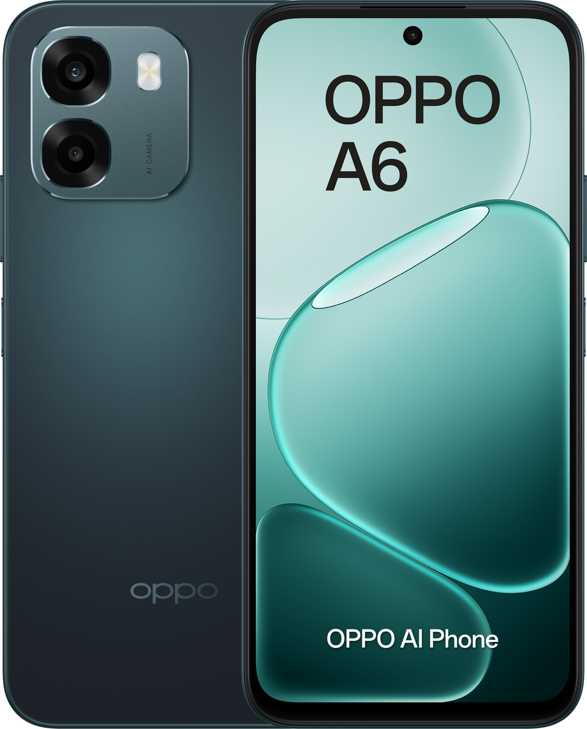 Smartphone OPPO A6 verde oscuro con doble cámara trasera y pantalla delantera.