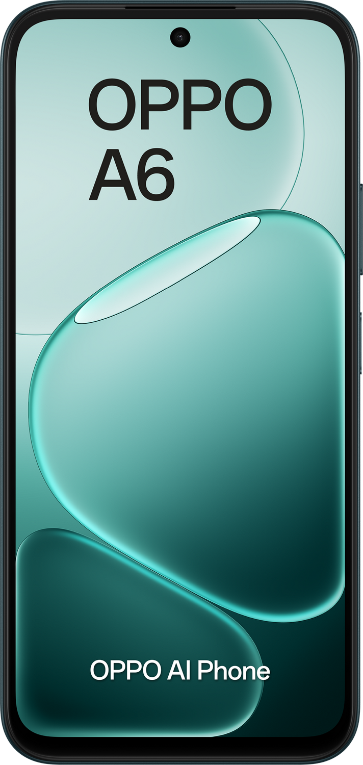 Un teléfono IA OPPO A6 con fondo aguamarina y formas orgánicas.